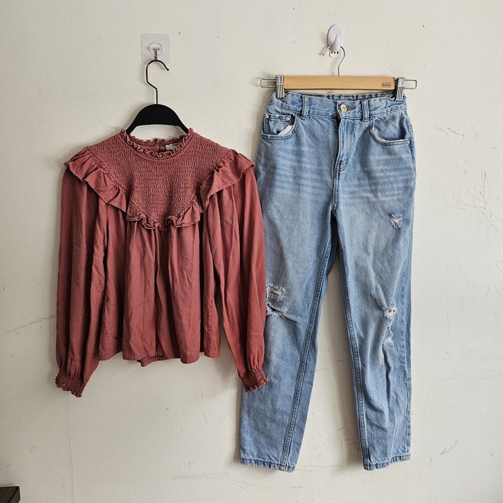 Mango Girls Mauve Smocked Ruffle Top Distressed Light Wash Jeans Outfit 11-12